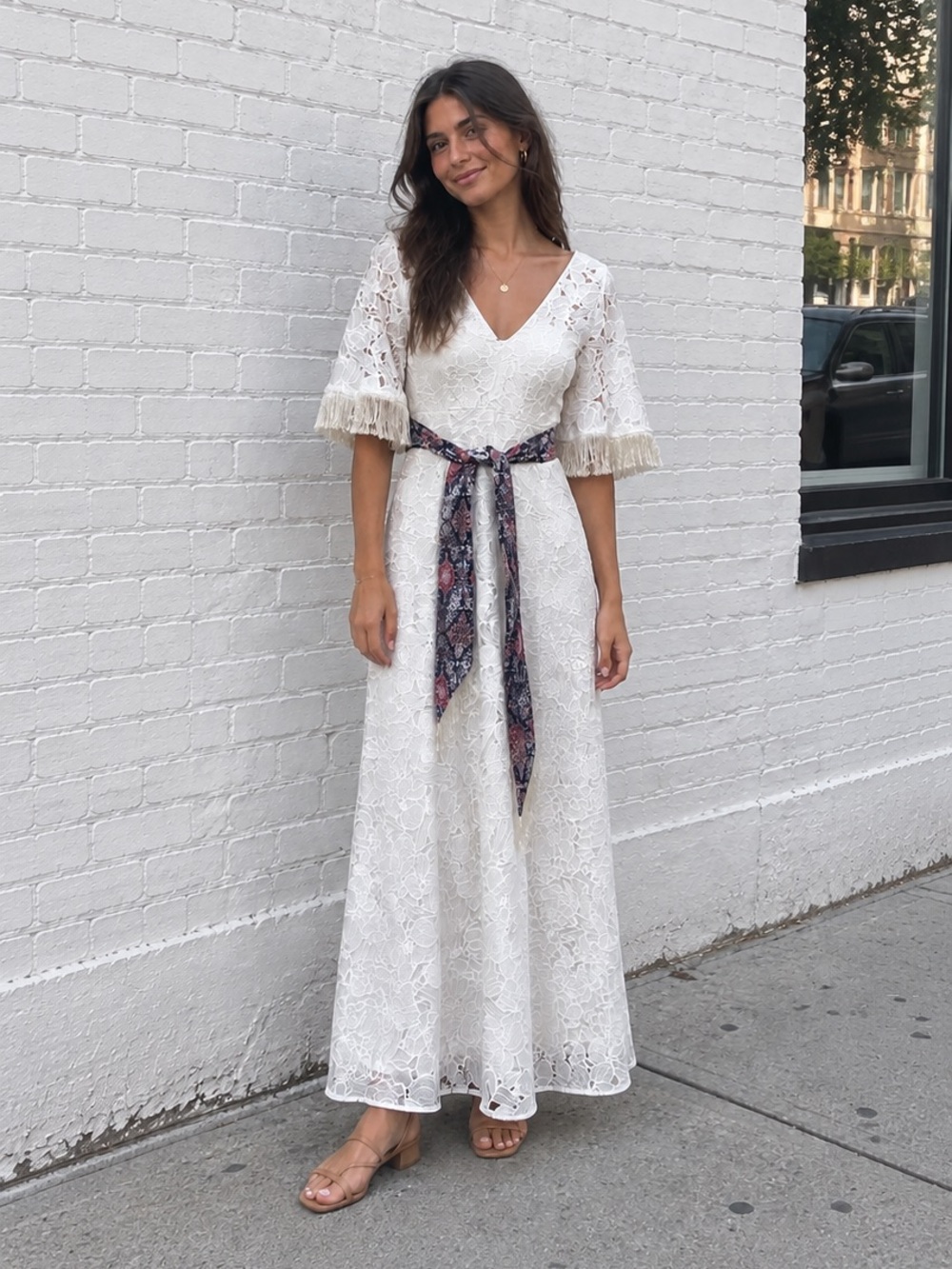 Sachin + Babi White Lace V-Neck Midi Dress with Printed Waist Scarf